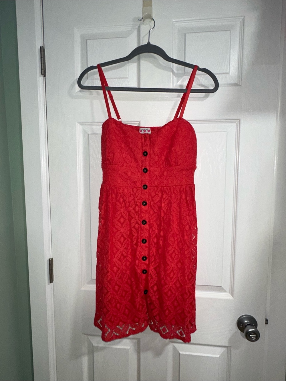 Three Hearts Coral Lace Button-Front Spaghetti Strap Dress